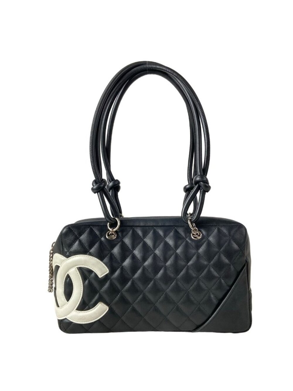 Chanel Shoulder Bag Cambon Line Black White CC Logo Silver Leather